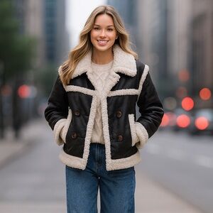 Levi's Sherpa Lined Cropped Moto Jacket in Brown and White